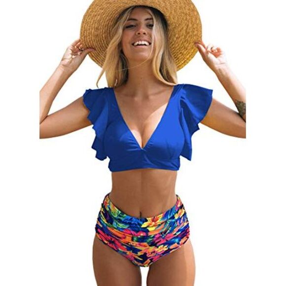 Women's Split High Waist Ruffle Print Bikini